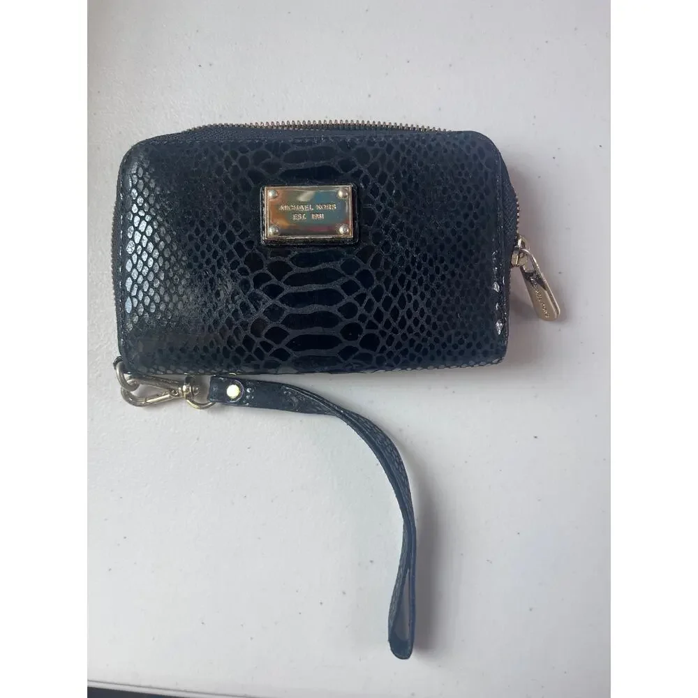 Michael Kors Black Snakeskin Embossed Zip Around Wristlet Wallet